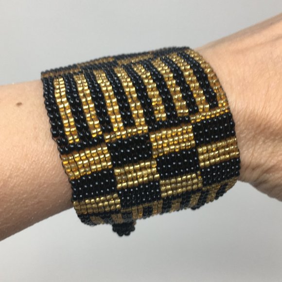 Art Deco Inspired Gold Black Wide Loom Woven Seed Bead Cuff Bracelet - Picture 2 of 16